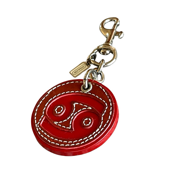 COACH REMADE Red Cancer Zodiac Round Handcrafted Bag Charm Key Chain CU973 RARE - Picture 2 of 6